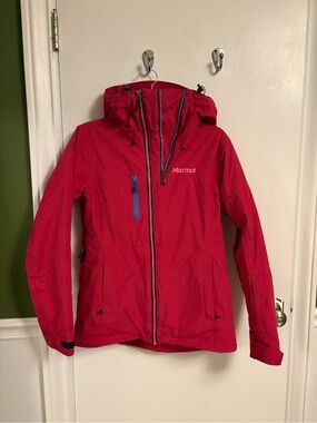 Marmot Women's Red Hooded Waterproof Ski Jacket with Blue Zipper Accents